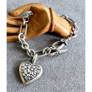 Vintage ANN KING Sterling Silver INITIAL "E" BRACELET Heart w/ Flower LOCKET 7"